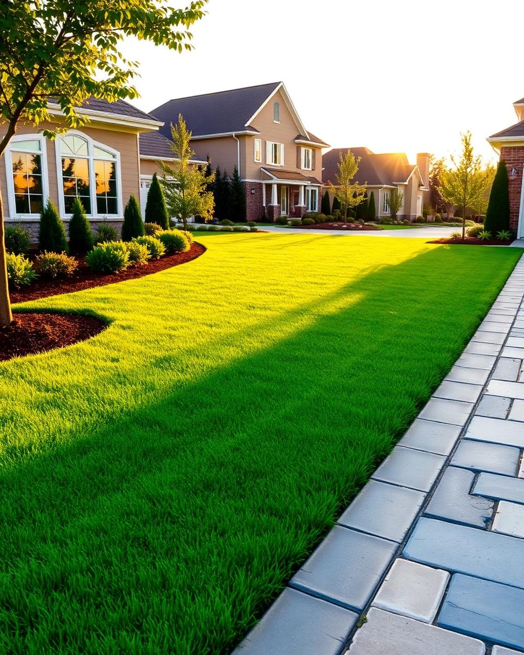Manicured suburban lawn with mowed lines